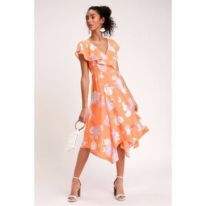 Lulus Garden of Joy Light Orange Floral Print Ruffled Wrap Dress Size XL NWT